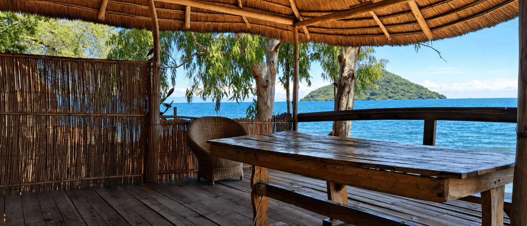 Green lodge gardens running down to the edge of Lake Malawi